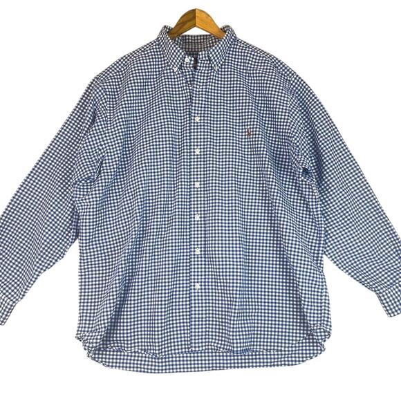 RALPH LAUREN Gingham Check Oxford Shirt Mens 2XB Blue White Preppy Button Down - Picture 1 of 13